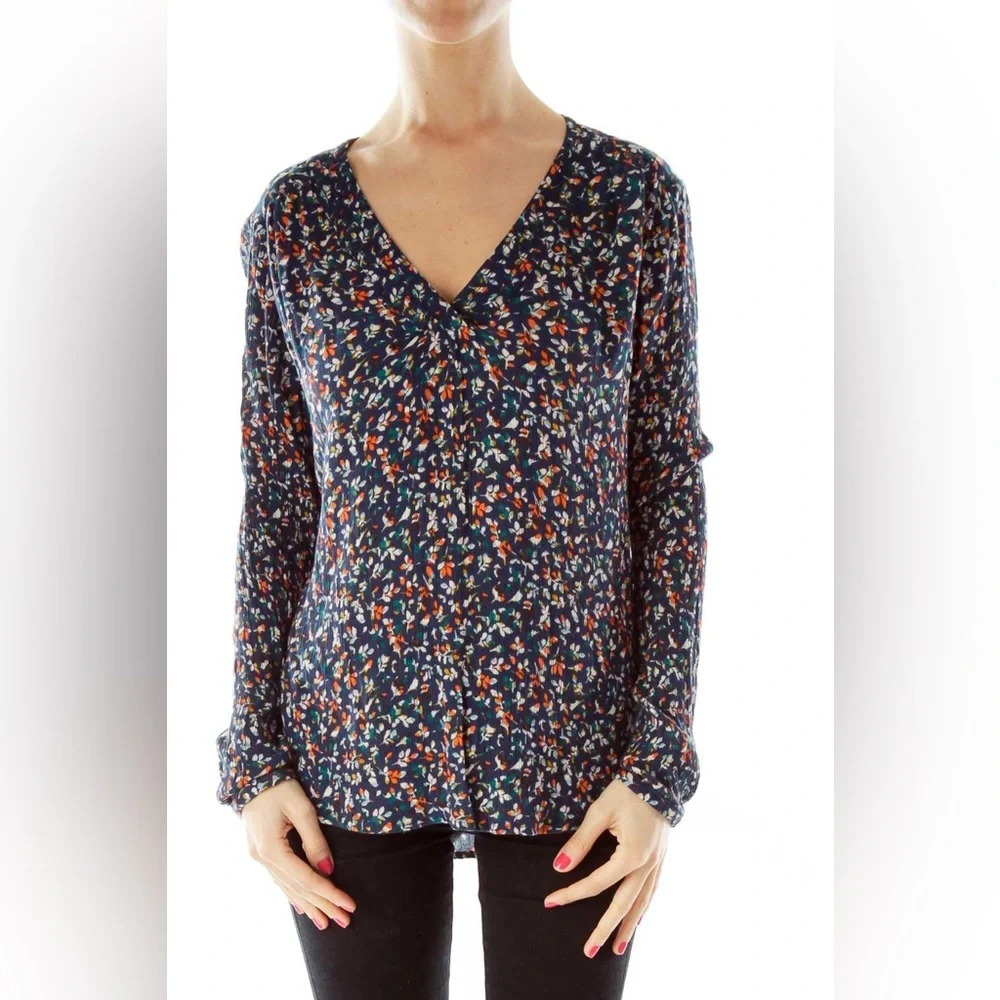 Hinge Navy Orange Leaf Printed‎ Long Sleeve Top Size Medium